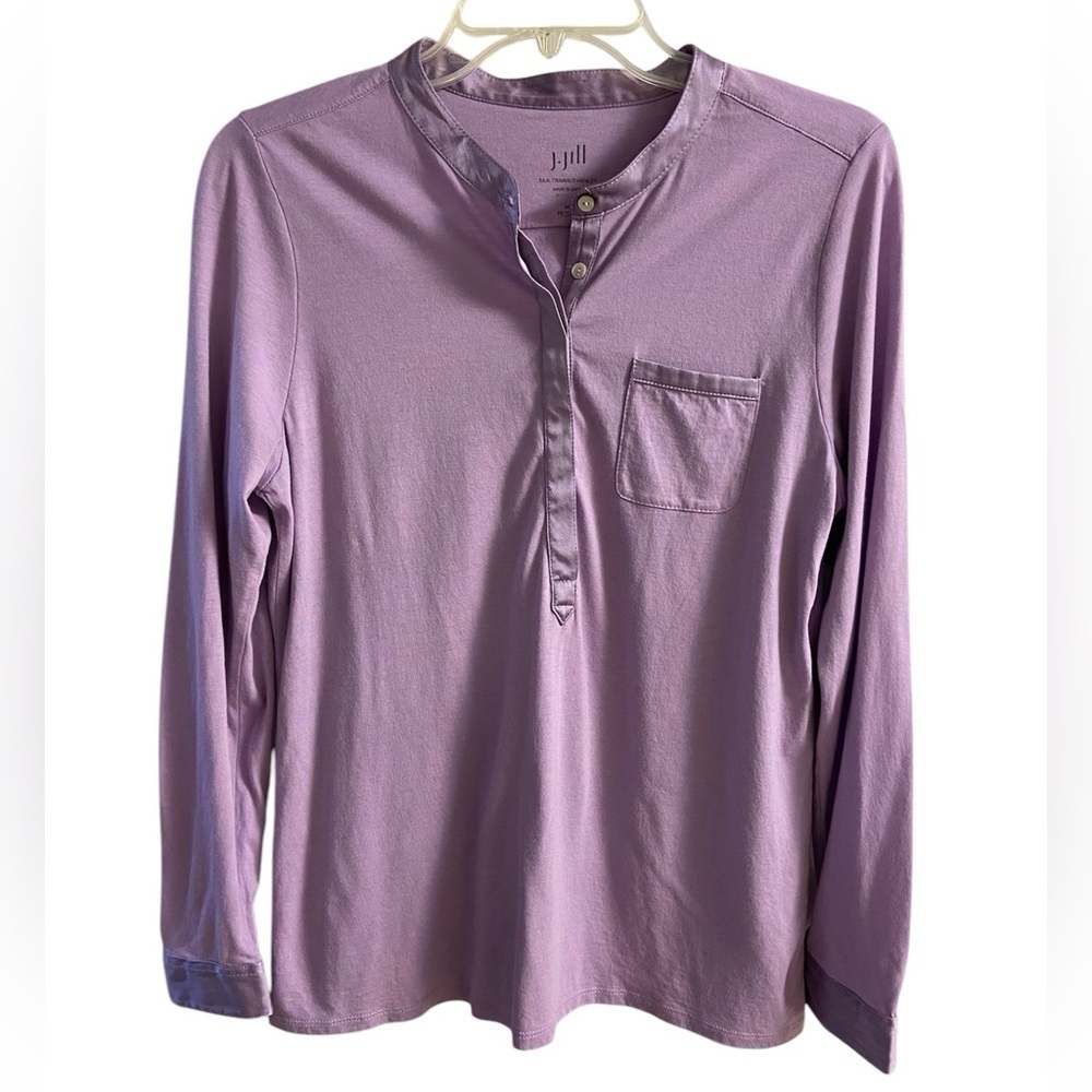 J Jill Silk Trim Henley Lavender Long Sleeve Medium Petite